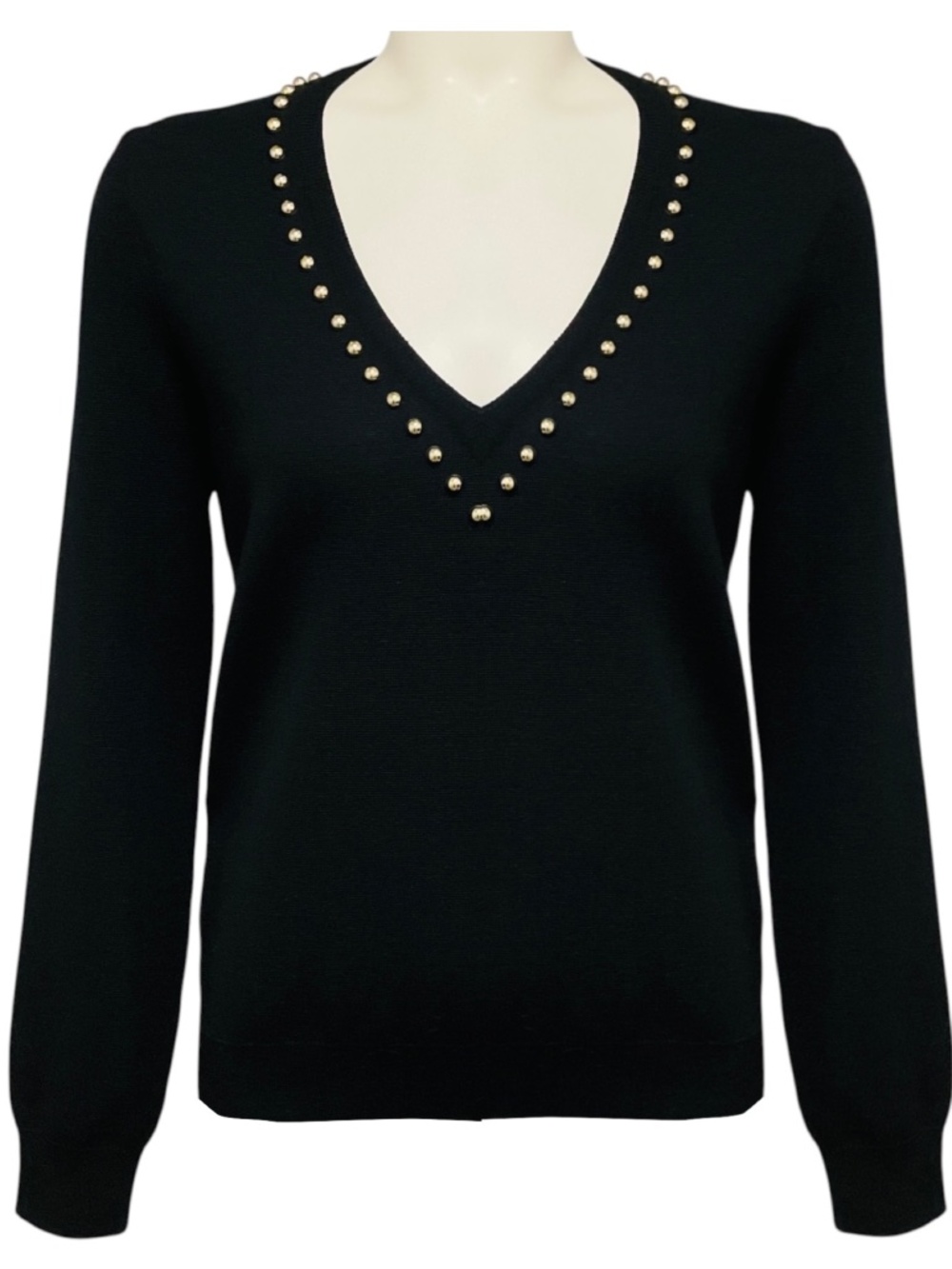 GIVENCHY BLACK / SILVER BALL EMBELLISHED LONG SLEEVED V-NECK WOOL KNIT SWEATER